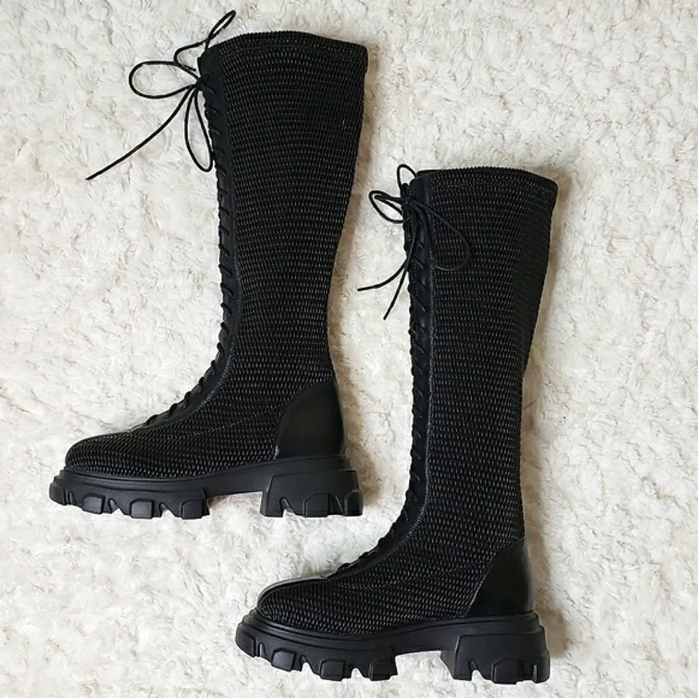NWOT Front Lace-Up Woven Stretchy Platform Alternative Punk Goth Edgy Boots